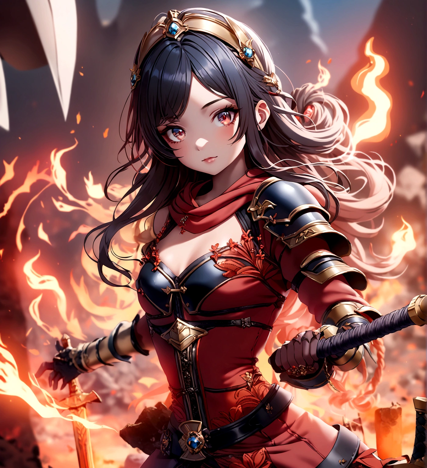 One girl, armor, Blurred, Blurred background, Braiding, full armor, Holding, Holding weapon, Long Hair, View your viewers, alone, alone focus, Are standing, sword, Weapon images_you