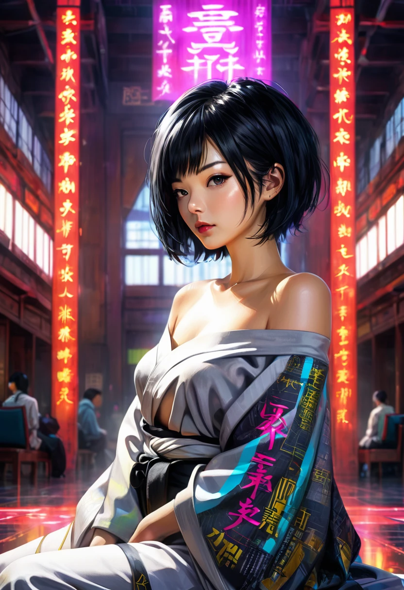 Digital Cyberpunk Art、A Japanese woman with short black hair wearing an off-the-shoulder cyberpunk robe sits in seiza in the main hall、nepal、On the back is written Namu Amida Butsu in neon