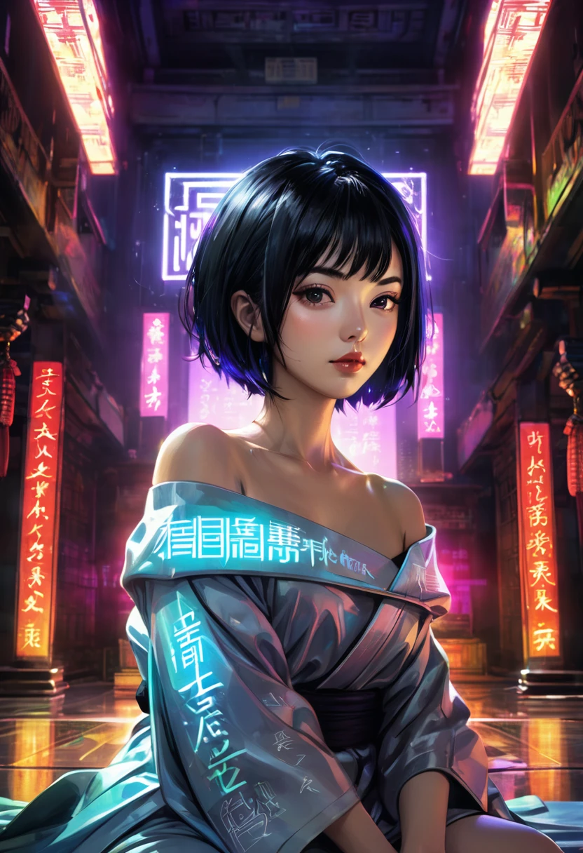 Digital Cyberpunk Art、A Japanese woman with short black hair wearing an off-the-shoulder cyberpunk robe sits in seiza in the main hall、nepal、On the back is written Namu Amida Butsu in neon
