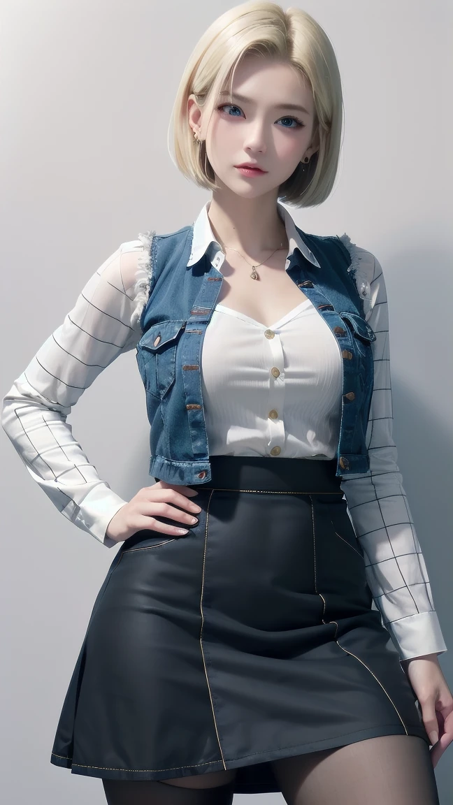wallpaper，32k,Android 18, Blonde hair, blue eyes, eyelash, earrings, short hair, earrings带,collar，Vest， shirt, 胸前的pocket, (Pantyhose)，clavicle,Gentle eyes，Large Breasts， Pleated Skirt, High waist skirt, Jewelry, Long sleeve, pocket, shirt, ((eternal)), ((Happy and shy))， shirt tucked in 裙子, Japanese Attractions Background