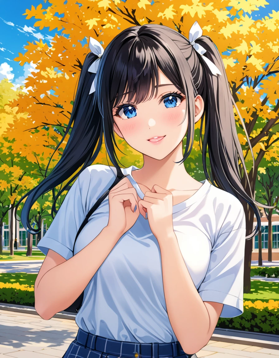Masterpiece, The best quality, vivid colors, A beautiful 25 year old university student, angelic face, a mole on the face, tremendously provocative body, Casual clothes, twin tails, (yellow hair:1.1) (black hair:0.9), Blue eyes, wide, playful pose, the background is a university campus