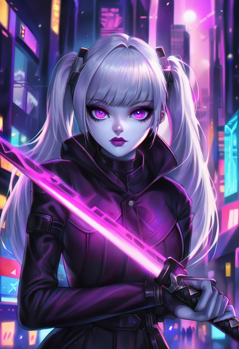 Beautiful woman, long_twintails, big eyes, Large Breasts, Antihero dressed in black and purple, Laser katana in hand, White skin, Cartoon Style, Marvel Universe Style, Set in a cyberpunk city, Soft bokeh of futuristic city, Trending in CGSociety, complex, High Detail,  Clear focus, Dramatic and realistic art by Midjourney and Greg Rutkowski, blur background
