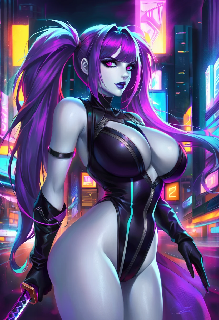 Beautiful woman, long_twintails, big eyes, Large Breasts, Antihero dressed in black and purple, Laser katana in hand, White skin, Cartoon Style, Marvel Universe Style, Set in a cyberpunk city, Soft bokeh of futuristic city, Trending in CGSociety, complex, High Detail,  Clear focus, Dramatic and realistic art by Midjourney and Greg Rutkowski, blur background