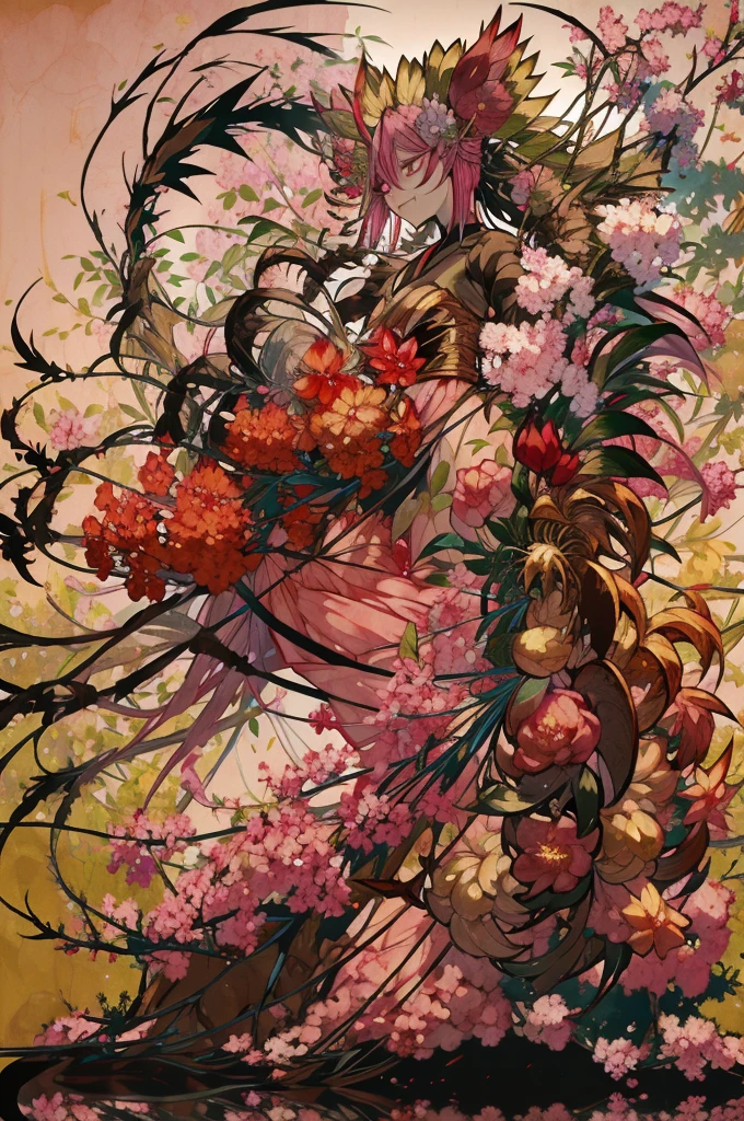 masterpiece, best quality, extremely detailed, アニメ, {{plant thorny shrub around her}}, monster girl, mandrake, flower girl, {{fusion of cherry blossom and girl, }}, {{{{lower body united with flower }},, Cherry-blossom color hair, crimson eyes, hair so long it reaches the ground, pink kimono, Office,prostitute, different world, Weapons Japanese Sword, The Wizard of Cherry 、Traptrix、The lower half of the body is embedded in the flower,Florabeast,plant girl