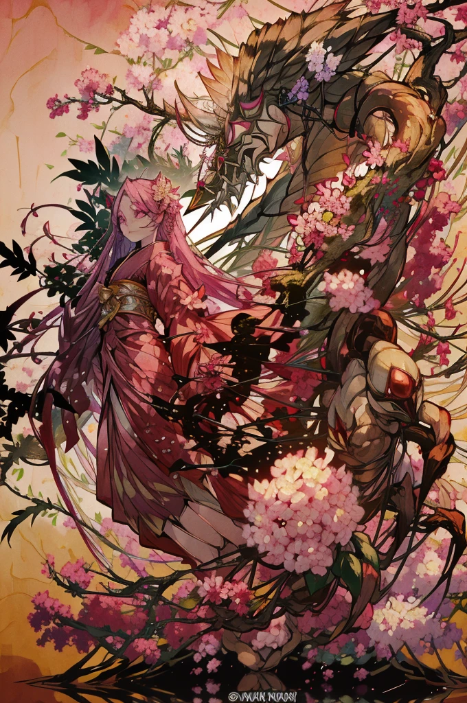 masterpiece, best quality, extremely detailed, アニメ, {{plant thorny shrub around her}}, monster girl, mandrake, flower girl, {{fusion of cherry blossom and girl, }}, {{{{lower body united with flower }},, Cherry-blossom color hair, crimson eyes, hair so long it reaches the ground, pink kimono, Office,prostitute, different world, Weapons Japanese Sword, The Wizard of Cherry 、Traptrix、The lower half of the body is embedded in the flower,Florabeast,plant girl