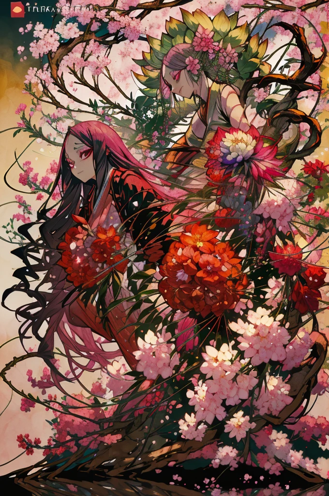 masterpiece, best quality, extremely detailed, アニメ, {{plant thorny shrub around her}}, monster girl, mandrake, flower girl, {{fusion of cherry blossom and girl, }}, {{{{lower body united with flower }},, Cherry-blossom color hair, crimson eyes, hair so long it reaches the ground, pink kimono, Office,prostitute, different world, Weapons Japanese Sword, The Wizard of Cherry 、Traptrix、The lower half of the body is embedded in the flower,Florabeast,plant girl