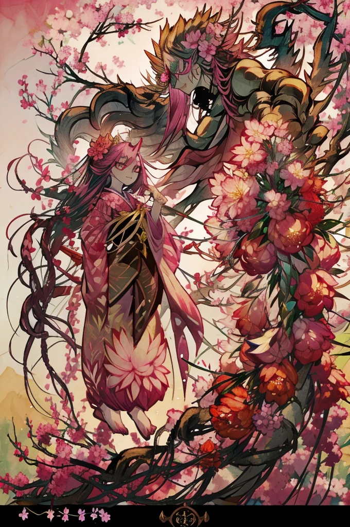 masterpiece, best quality, extremely detailed, アニメ, {{plant thorny shrub around her}}, monster girl, mandrake, flower girl, {{fusion of cherry blossom and girl, }}, {{{{lower body united with flower }},, Cherry-blossom color hair, crimson eyes, hair so long it reaches the ground, pink kimono, Office,prostitute, different world, Weapons Japanese Sword, The Wizard of Cherry 、Traptrix、The lower half of the body is embedded in the flower,Florabeast,plant girl