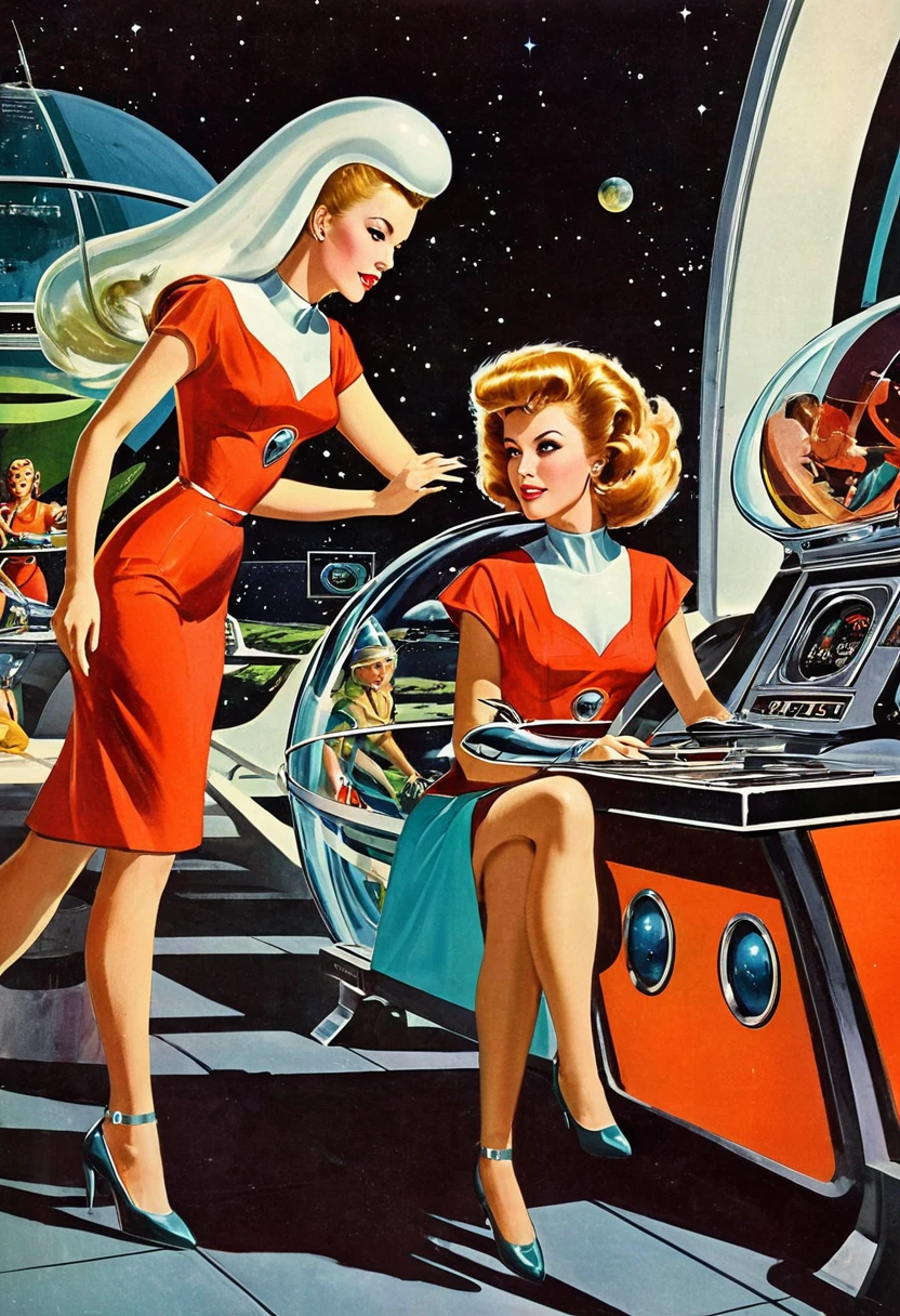 Retro futuristic, ((retro futurism)), ((Science fiction)), 1950s, (((1960s))), 1970s, (alien women),