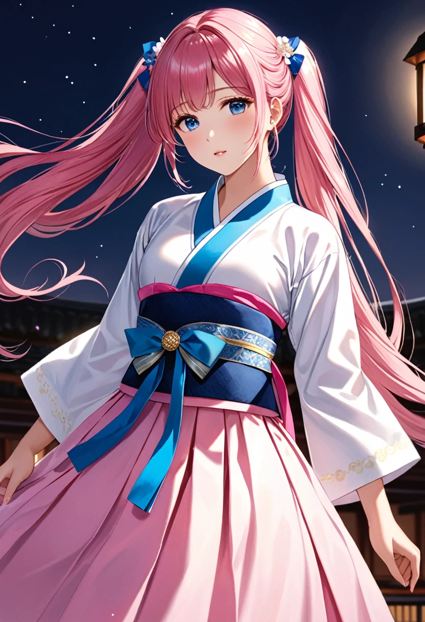 (finely detailed beautiful eyes and detailed face,masterpiece sidelighting,masterpiece,best quality,detailed,High resolution illustrations),, (1 Girl,whole body,beautiful girl,Glowing skin,look down,Looking at the audience),long_twintails, (Pink Hair,blue eyes,Ribbon,Hanbok, korean clothes), (wearing clothes_Lower Bust:1.2),Lower breasts,