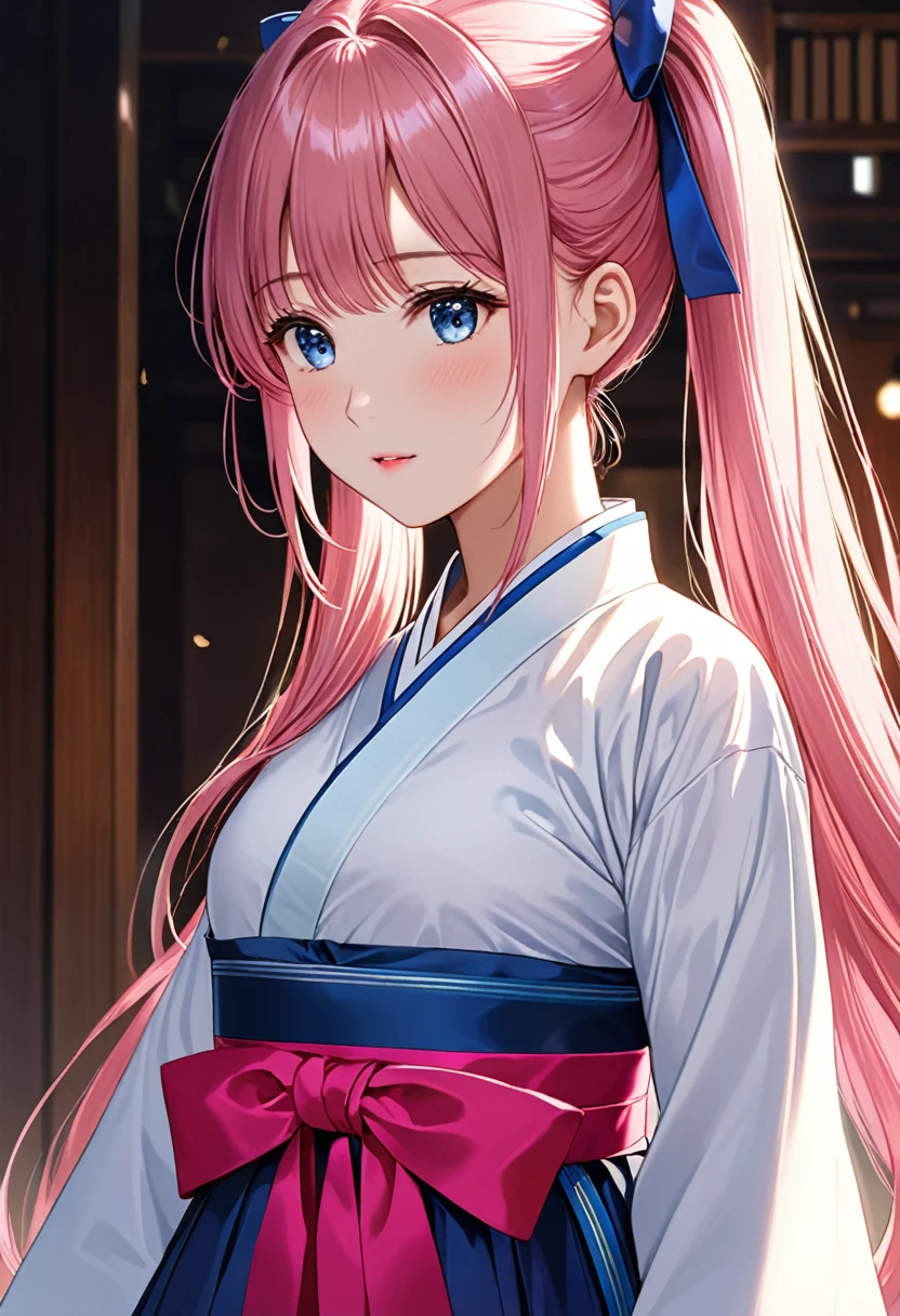 (finely detailed beautiful eyes and detailed face,masterpiece sidelighting,masterpiece,Highest quality,detailed,High resolution illustrations),, (One girl,whole body,beautiful girl,Shiny skin,Look down,View your viewers),, (Pink Hair,blue eyes,ribbon,hanbok, korean clothing), (Dressed_Underbust:1.2),Underbust,