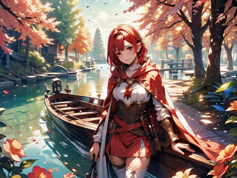 an illustration of a fairy with a beautiful red cape, 1girl, forest, soil, hood, nature, looking at the viewer, red eyes, red hood, colorful hair, hooded cape, tree, short dress, cape, shine, fantasy, Intricate, elegant, highly detailed digital painting.
In the background, a boat on a river. The boat is made of wood and has a dark brown hull. He sails on a calm and narrow river, surrounded by trees and flowers. The trees are tall and leafy, with bright green leaves. The flowers are colorful and varied and are scattered along the banks of the river. In the foreground of the painting we can see the bow of the boat. The boat sails towards the viewer and the water is calm and reflective.