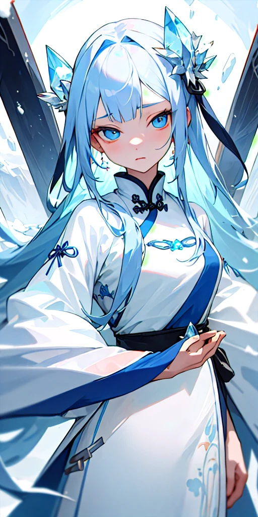 (masterpiece, best quality) 1girl of 20 years old with blue long hair, crystal eyes wearing an white Chinese dress having a emotionless face surrounded by snow