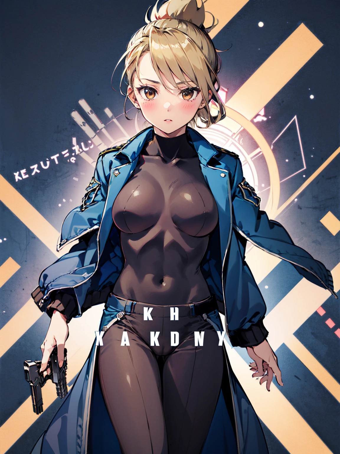 masterpiece, Highest quality, High resolution, One girl, (Blue jacketの下にBlack innerwearを着ている), Folded ponytail, Brown eyes, , uniform, Blue jacket, Blue pants, ,Big Breasts, Black innerwear, blush, (Ready your gun?)