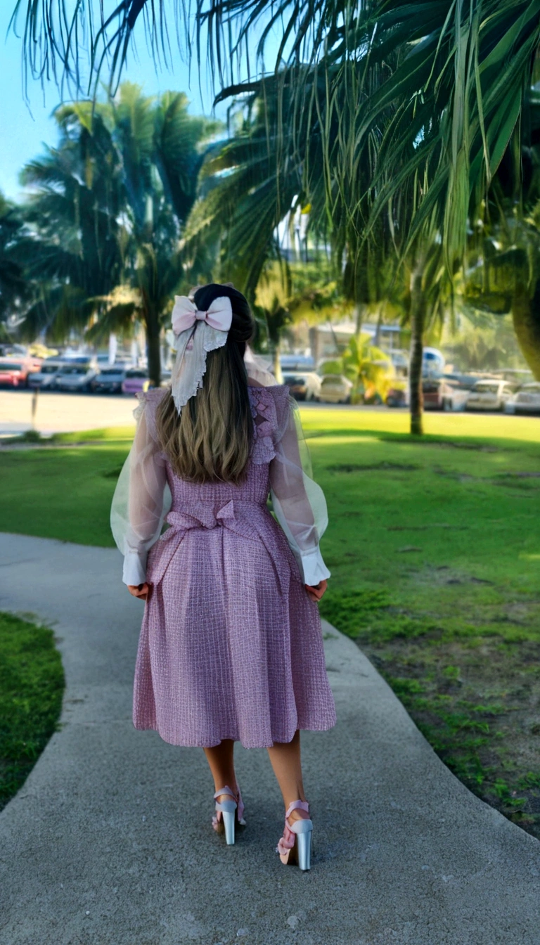 A film inspired by Disney Pixar (Blonde GIRL with bow on her head turned away and wearing a pink dress) ( the scene has some tropical trees)