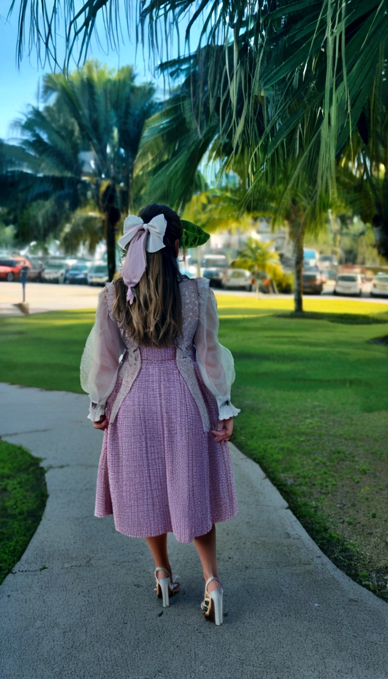 A film inspired by Disney Pixar (Blonde GIRL with bow on her head turned away and wearing a pink dress) ( the scene has some tropical trees)