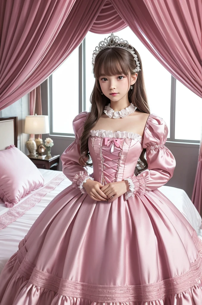 highest quality, masterpiece, highest resolution, artwork, super それにget used to it, many get used to it, get used to it, それにget used to it, 3k realistic pictures,,((10 year old little girls)),Ultra-detailed juvenile face,ultra-detailed beautiful little girls,girls are princess,full length ball gown dress with hoop skirt,ruffled yoke collar,puff sleeves,long sleeve,((Lolita style hot pink detailed princess satin dress with lots of ruffles and ribbons)),Rococo style lolita fashion,shiny satin dress,Soft and smooth fabric,detailed princess dress,luxury,long blonde hair,blue eyes,white skin european,Pajama,((in the bedroom of the palace)),luxury princess canopy king size pink bed,shiny satin sheets,ultra-detailed princess bed,High-quality background,lot of frilled pillows,on the bed,