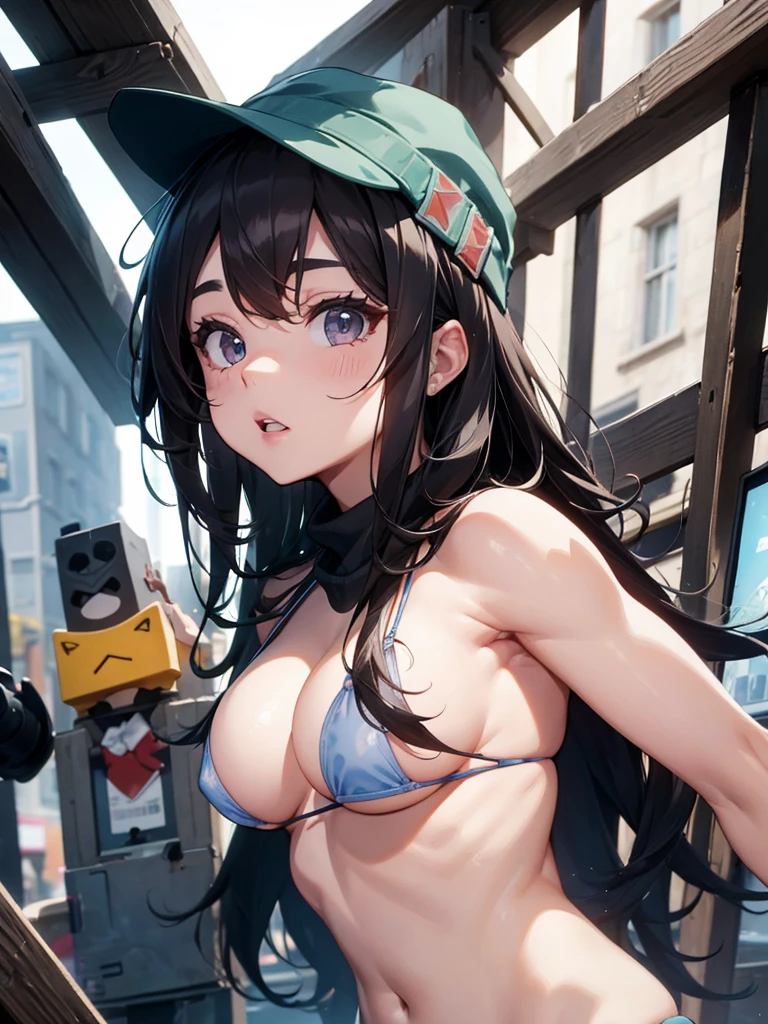 gorro, cinturón, pechos grandes, cybernetics, tanga, anteojos, tagia alta, Chaqueta, micro bikini, atuendo revelador, escaso, senos visibles, ray tracing, reflection light, 16k, 8k, highres, best quality, award winning, high quality, high details, super detail, textured skin, anatomically correct, accurate, masterpiece