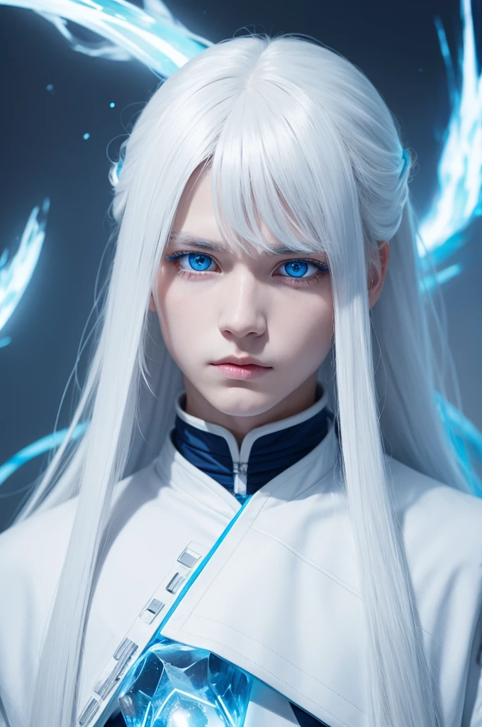 boy, eyes blue like ice, long white hair, ice power