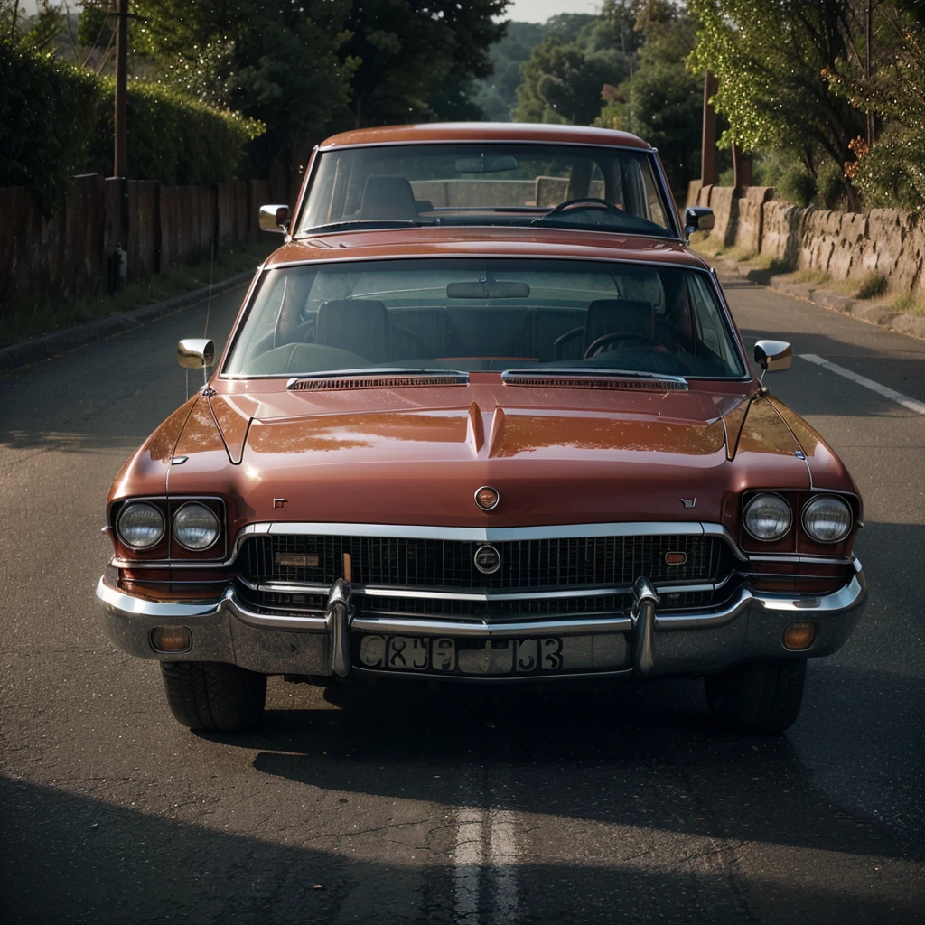 A stunning cinematic image of a classic Cadillac, with a glistening gradient of red, blue, and orange paint. The car is parked on a narrow, winding road, with raindrops still visible on the surface. A young man sits in the front of car, smoking a cigarette, his face clean-shaven and expression calm. The scene takes place on a chilly night, with an atmosphere of nostalgia and melancholy. The photo is captured in ultra-high-definition 32K, offering exceptional clarity and depth, transporting the viewer into this evocative moment., cinematic, photo