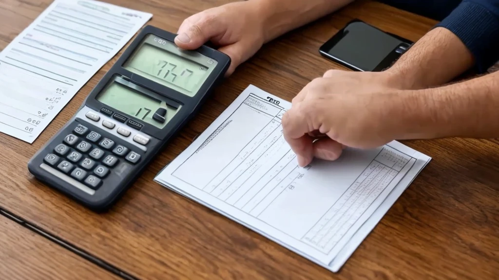 A calculator on a table with an arm on the table checking the numbers (sheet with numbers, and a hand on top, with the finger indicating the number and the other hand on top of the calculator)