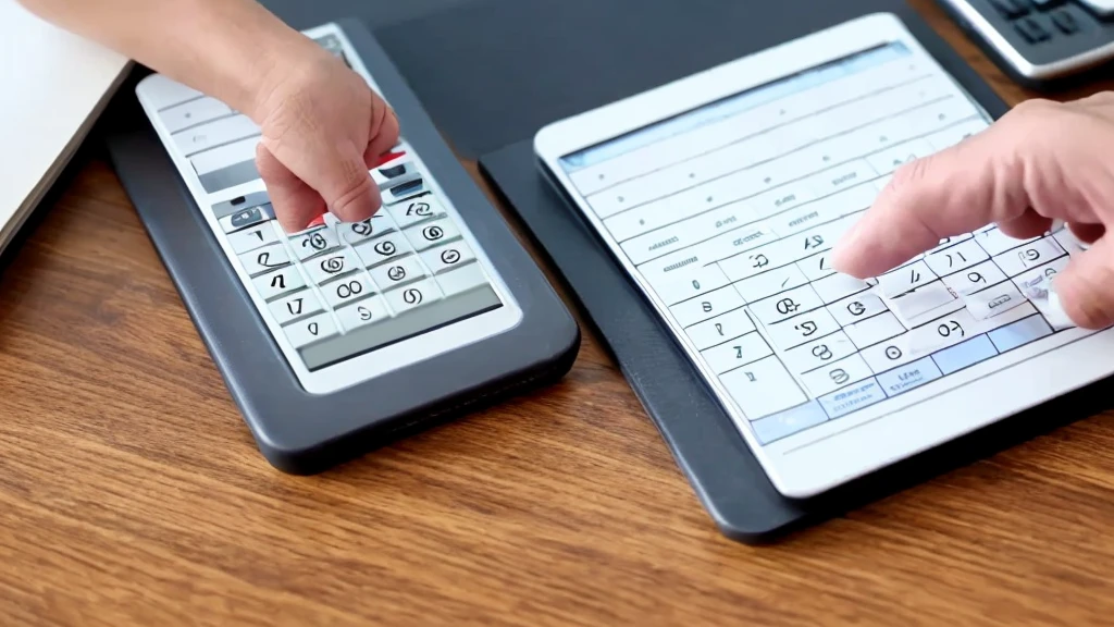 A calculator on a table with an arm on the table checking the numbers (sheet with numbers, and a hand on top, with the finger indicating the number and the other hand on top of the calculator)