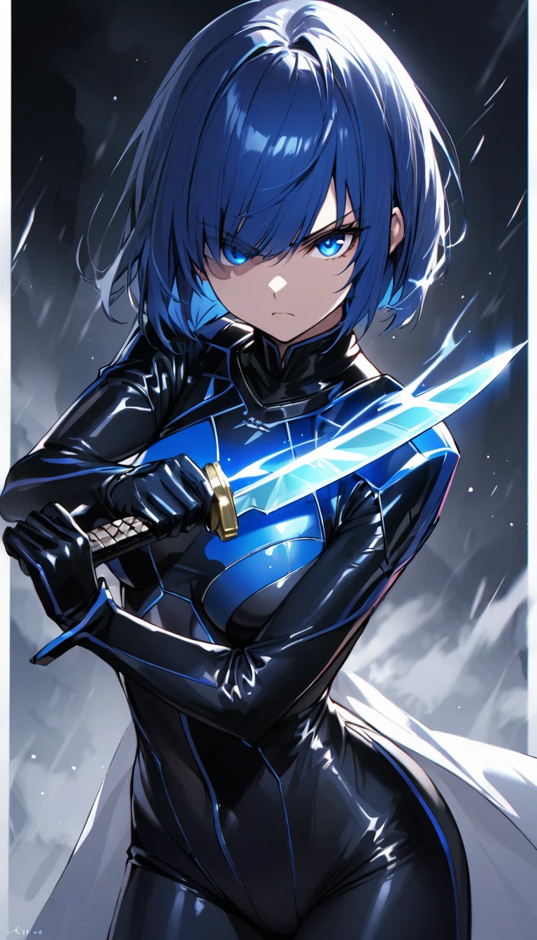 (masterpiece)、(absurdres)、(ultra detailed)、solo girl、slender:1.1、shiny ultramarine hair:1.1、straight hair、short bobcut:1.1、hair covering one eye:1.1、small breast:0.8、ultramarine eyes、irisless eyes、BREAK、Ice cave、Blue and black battlesuit、BREAK,cowboy shot,closed mouth,serious,side view,Snowstorm、white steam,Hold the knife、Combat pose