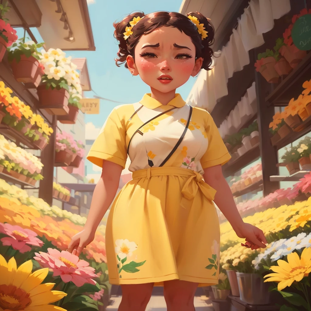 Disney moan moan is standing in front of a flower shop, Art on Artstation, Atey Ghailan 8K, Lovely Digital Painting, holding a microphone