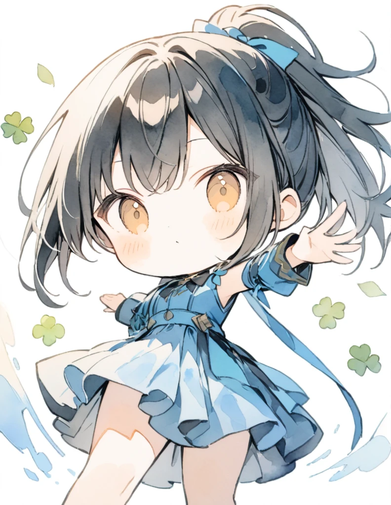 (Watercolor:1.4),(Sepia),Golden Ratio,Very detailed、Very absurd、超High resolution, Attention to detail, high quality, High resolution, 最high quality, 4K, 8K,White background、(Clover on background margin)、Black Hair、ponytail、Strike a pose for the camera、blue costume、Chibi Style