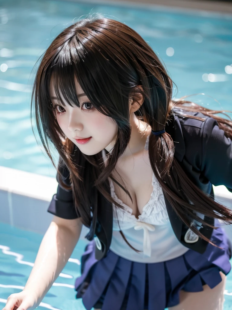 (Highest quality、4K、8K, masterpiece:1.3), Ultra detailed face, Detailed lips, Detailed eyes, double eyelid, 
BREAK, 
(from below:1.2), (Looking down:1.5), (close up:1.25), (Seductive pose:1.5), 
BREAK,
1girl, 18 years old, smile, 
BREAK,
bbkurumi, long hair, low twintails, hair over one eye, , blazer, black jacket, pleated skirt, blue skirt, black pantyhose
BREAK,
Japanese one-piece swimsuit, in the pool,
