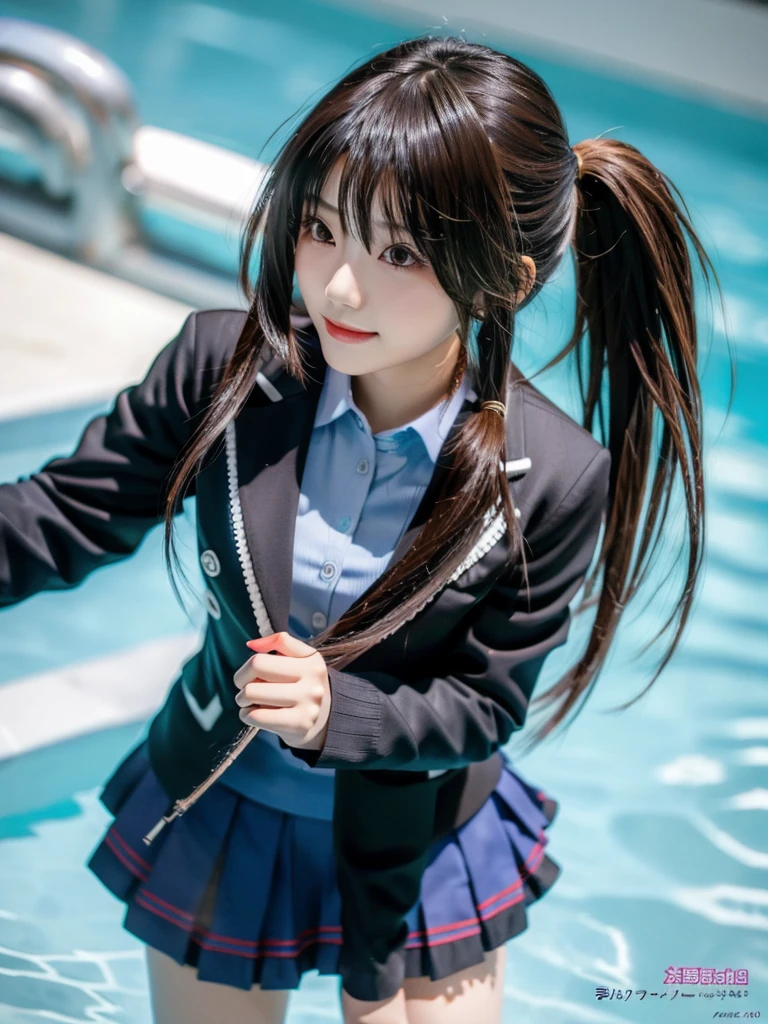 (Highest quality、4K、8K, masterpiece:1.3), Ultra detailed face, Detailed lips, Detailed eyes, double eyelid,
BREAK,
(from below:1.2), (Looking down:1.5), (close up:1.25), (Seductive pose:1.5),
BREAK,
1girl, 18 years old, smile,
BREAK,
bbkurumi, long hair, low twintails, hair over one eye, , blazer, black jacket, pleated skirt, blue skirt, black pantyhose
BREAK,
Japanese one-piece swimsuit, in the pool,