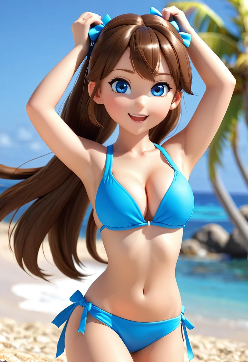 3d, 1 Girl, long_twintails, Brown hair, blue eyes, Wearing a blue bikini，Raise your arms, , cleveage, thigh, beach,
