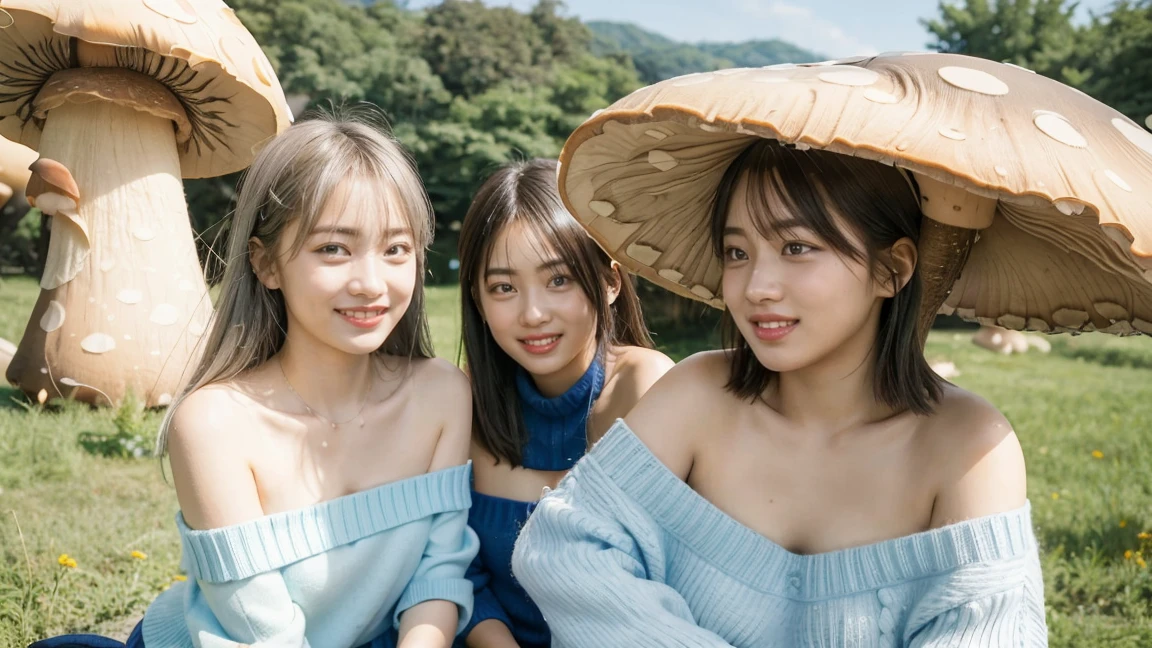 (3 girls), Young faceอินโดนีเซีย, ,smile,Silver hair, white skin, Round breast, blue eyes,(( Strapless sweater))Masterpiece, Highest quality, 8K, beautiful girl, Young face、 photography, Cute face, thigh,In the meadow,(giant mushroom:1.4) Embarrassing、รอยsmile、((((((อายุ 12 yearsmall waist、 ((Busty breasts)),   