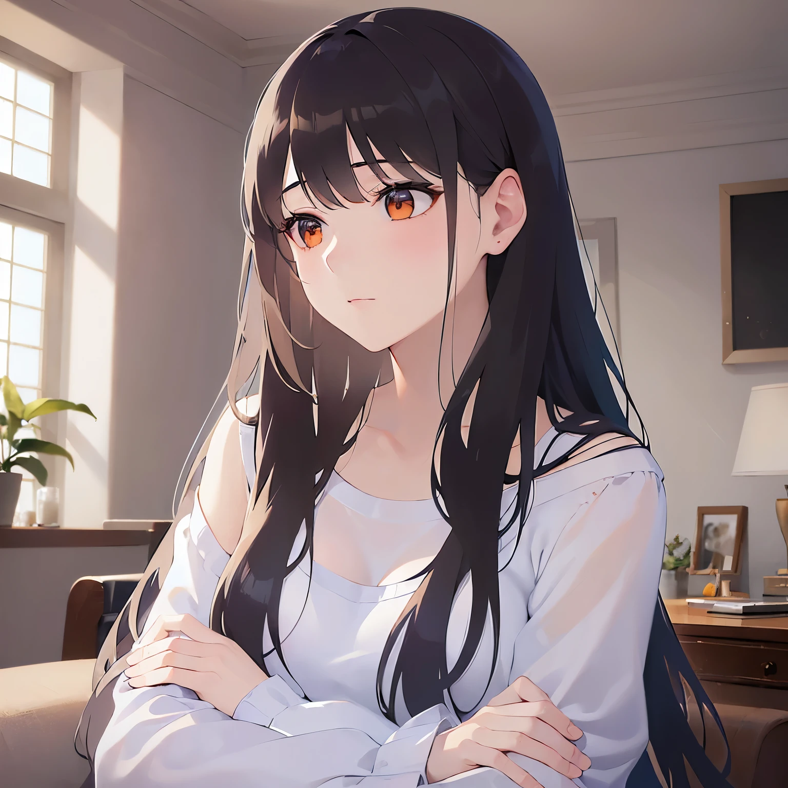 (looking away:1.5),Realistic side view, real person, (pale skin: 1.2), RAW photo, photorealistic, shiny skin, shiny hair、 (A 35-year-old woman with medium-length hair and bangs) and (wavy hair) and (brown hair) and (Orange Eyes)、 (white) and (off shoulder blouse)、
The background is the living room、Arms crossed、Grim expression