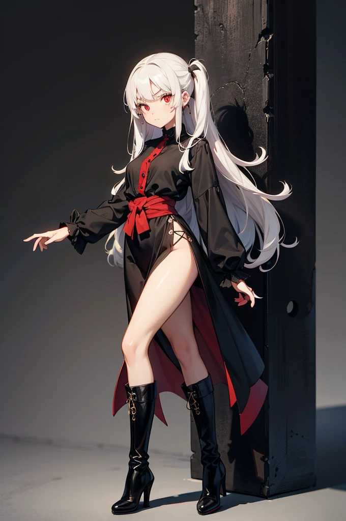 Girl, 20 years old, with long white hair down to below her waist, a serious yet tender expression, and red eyes. Her hair features black streaks. She wears antique-style clothing, a long black dress with a slit on the legs, and high black boots that almost reach her knees. Her power and background are related to shadows and darkness. dark escense, figth stance