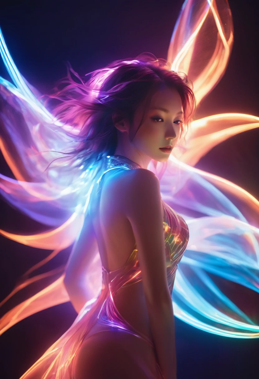 translucent luminous body,glow,bailing_model,1girl,pale skin,neon noir,long exposure,motion blur,1girl,(Glowing ambiance, enchanting radiance, luminous lighting, ethereal atmosphere, mesmerizing glow, evocative hues, captivating coloration, dramatic lighting, enchanting aura),