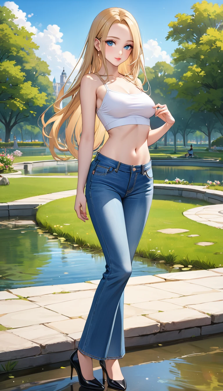 ((best quality, masterpiece:1.3, 8K)), (detailed), highly detailed face and skin texture, detailed eyes, (seductive pose:1.1), park, pond, full body, (slender body:1.1), 1girl, 25 years old, white skin, blue eyes, bright lips, seductive smile, blonde hair, straight hair, long hair, (forehead:1.0), bright colored clothes, white croptop, medium breast, hard nipples, navel, jeans pants, flares jeans, light blue jeans, black heels,