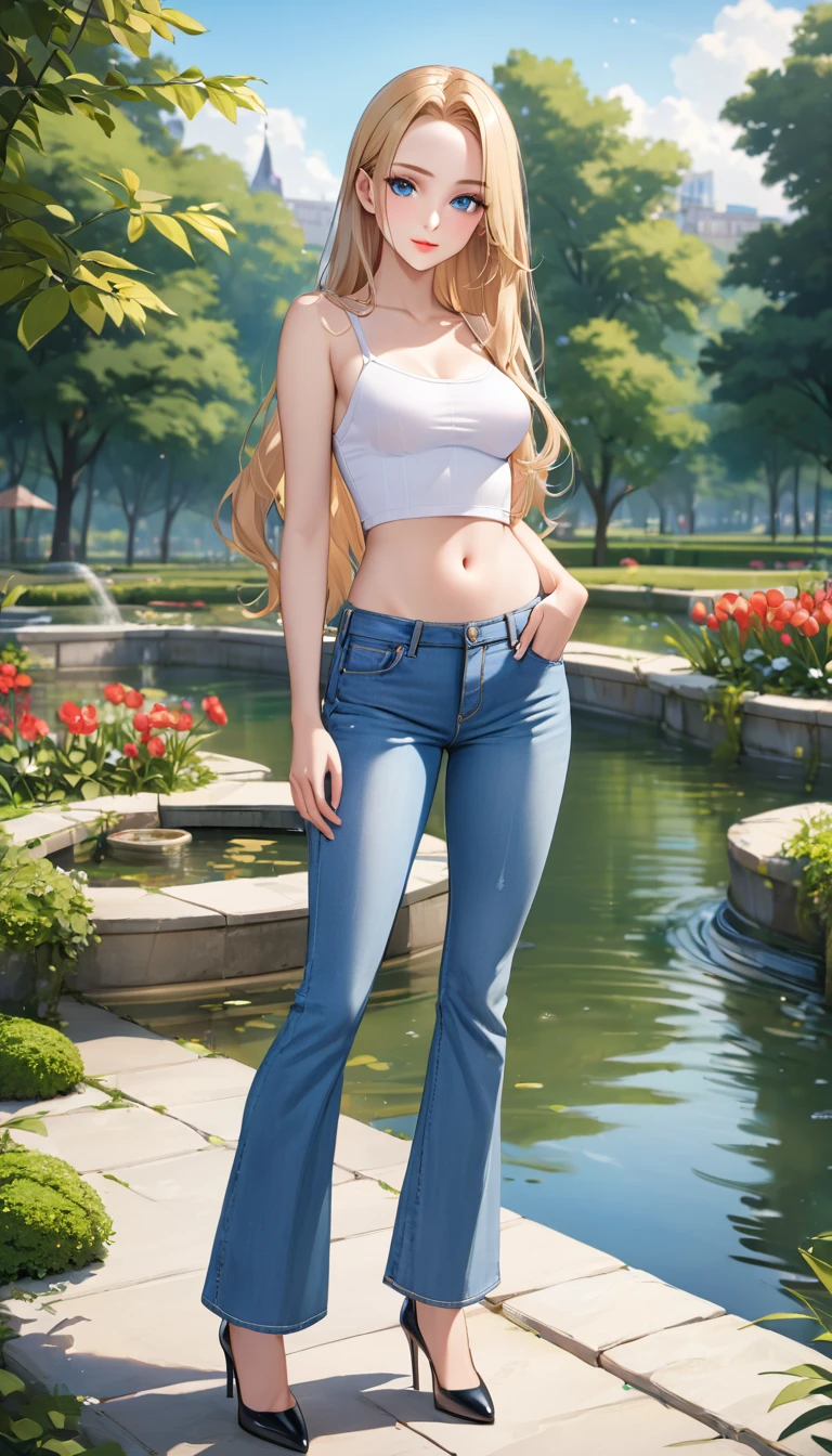 ((best quality, masterpiece:1.3, 8K)), (detailed), highly detailed face and skin texture, detailed eyes, (seductive pose:1.1), park, pond, full body, (slender body:1.1), 1girl, 25 years old, white skin, blue eyes, bright lips, seductive smile, blonde hair, straight hair, long hair, (forehead:1.0), bright colored clothes, white croptop, medium breast, hard nipples, navel, jeans pants, flares jeans, light blue jeans, black heels,