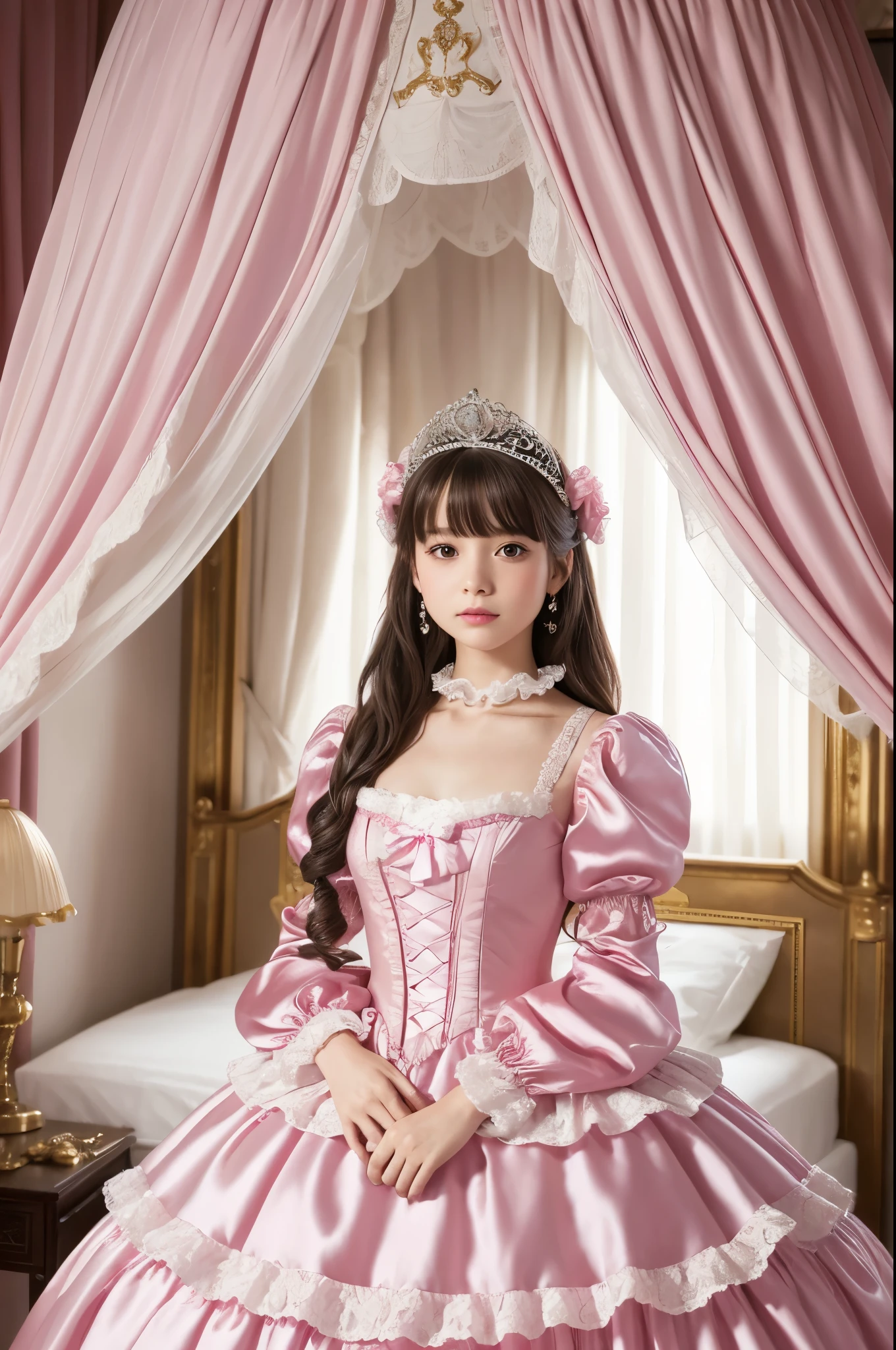 highest quality, masterpiece, highest resolution, artwork, super それにget used to it, many get used to it, get used to it, それにget used to it, 3k realistic pictures,,((10 year old little girls)),Ultra-detailed juvenile face,ultra-detailed beautiful little girls,girls are princess,full length ball gown dress with hoop skirt,ruffled yoke collar,puff sleeves,long sleeve,((Lolita style hot pink detailed princess satin dress with lots of ruffles and ribbons)),Rococo style lolita fashion,shiny satin dress,Soft and smooth fabric,detailed princess dress,luxury,long blonde hair,blue eyes,white skin european,Pajama,((in the bedroom of the palace)),luxury princess canopy king size pink bed,shiny satin sheets,ultra-detailed princess bed,High-quality background,lot of frilled pillows,on the bed,