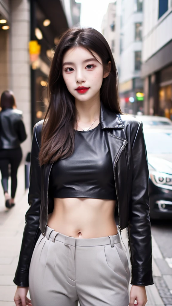 20 year old Japanese girl, wearing a black leather jacket, black trousers, black shoes, black crop top, has a slim stomach, long black hair, photo in the city, 8k masterpiece, detail,realistic