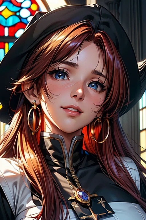 #Basics A girl is posing for a photo, animeのかわいい女の子, (((One Girl, , Young girs old))), 
Bhing Accessories 
((Shiny(Black on white)clergy, clergy hat)), 
Gold Hoop Earrings, gold cross necklace,   
BREAK 

#Features 
(Red hair:1.4), (Shoulder-length horizontal hair), (Long Hair, Full and voluminous hair),  
(Droopy eyes, blue eyes), (Small breasts),  
BREAK 

#background environment 
((noon, Sunshine, church, Statue of Mary, Stained glass)), 
#Facial Expression Pose
((smile), (Prayer Pose)), 
#composition 
((Face the camera, Angle from below, Cowboy Shot)), 
BREAK 

#Body parts elements 
(Detailed hair, Beautiful Hair, Shiny髪), 
(double eyelid, Long eyelashes), 
(Expression of fine eyes, Beautiful and delicate eyes, Sparkling eyes, Eye Reflexes, Glitter Eyeliner), 
(Human Ear), 
(Beautiful Nose, Thin Nose), 
(Glossy lips, Beautiful Lips, Thick lips, Shiny唇, Natural Cheeks), 
(Detailed face, Symmetrical facial features), 
(Detailed skin, Textured skin, Beautiful Skin, Shiny肌 
BREAK 

#Quality 
(((Highest quality)), ((masterpiece)), ((Very detailed))), ((High resolution), (16K,1080P)), 
(Realistic), (Anatomically correct), 
((comics, anime)), (3DCG), CG illustration,
