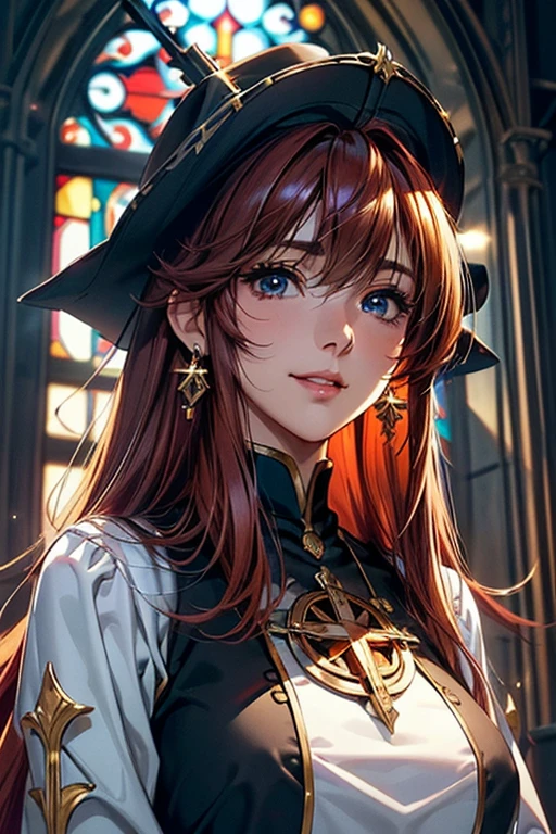 #Basics A girl is posing for a photo, animeのかわいい女の子, (((One Girl, Baby Face, Young girl, 16 years old))), 
BREAK 

#Clothing Accessories 
((Shiny(Black on white)clergy, clergy hat)), 
Gold Hoop Earrings, gold cross necklace,   
BREAK 

#Features 
(Red hair:1.4), (Shoulder-length horizontal hair), (Long Hair, Full and voluminous hair),  
(Droopy eyes, blue eyes), (Small breasts),  
BREAK 

#background environment 
((noon, Sunshine, church, Statue of Mary, Stained glass)), 
#Facial Expression Pose
((smile), (Prayer Pose)), 
#composition 
((Face the camera, Angle from below, Cowboy Shot)), 
BREAK 

#Body parts elements 
(Detailed hair, Beautiful Hair, Shiny髪), 
(double eyelid, Long eyelashes), 
(Expression of fine eyes, Beautiful and delicate eyes, Sparkling eyes, Eye Reflexes, Glitter Eyeliner), 
(Human Ear), 
(Beautiful Nose, Thin Nose), 
(Glossy lips, Beautiful Lips, Thick lips, Shiny唇, Natural Cheeks), 
(Detailed face, Symmetrical facial features), 
(Detailed skin, Textured skin, Beautiful Skin, Shiny肌 
BREAK 

#Quality 
(((Highest quality)), ((masterpiece)), ((Very detailed))), ((High resolution), (16K,1080P)), 
(Realistic), (Anatomically correct), 
((comics, anime)), (3DCG), CG illustration,
