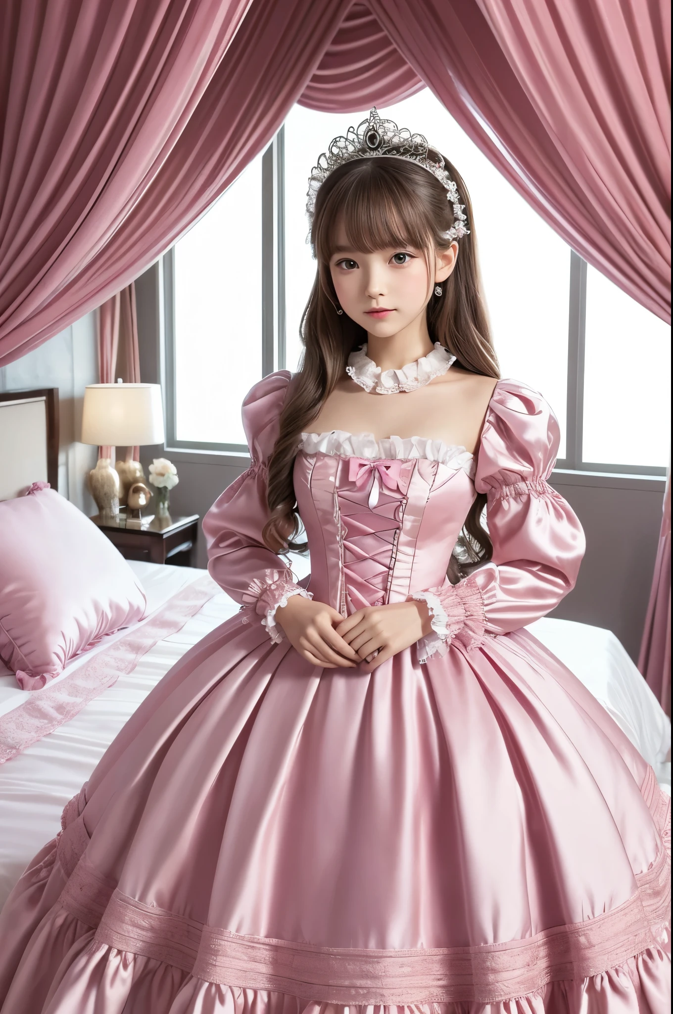 highest quality, masterpiece, highest resolution, artwork, super それにget used to it, many get used to it, get used to it, それにget used to it, 3k realistic pictures,,((10 year old little girls)),Ultra-detailed juvenile face,ultra-detailed beautiful little girls,girls are princess,full length ball gown dress with hoop skirt,ruffled yoke collar,puff sleeves,long sleeve,((Lolita style hot pink detailed princess satin dress with lots of ruffles and ribbons)),Rococo style lolita fashion,shiny satin dress,Soft and smooth fabric,detailed princess dress,luxury,long blonde hair,blue eyes,white skin european,Pajama,((in the bedroom of the palace)),luxury princess canopy king size pink bed,shiny satin sheets,ultra-detailed princess bed,High-quality background,lot of frilled pillows,on the bed,
