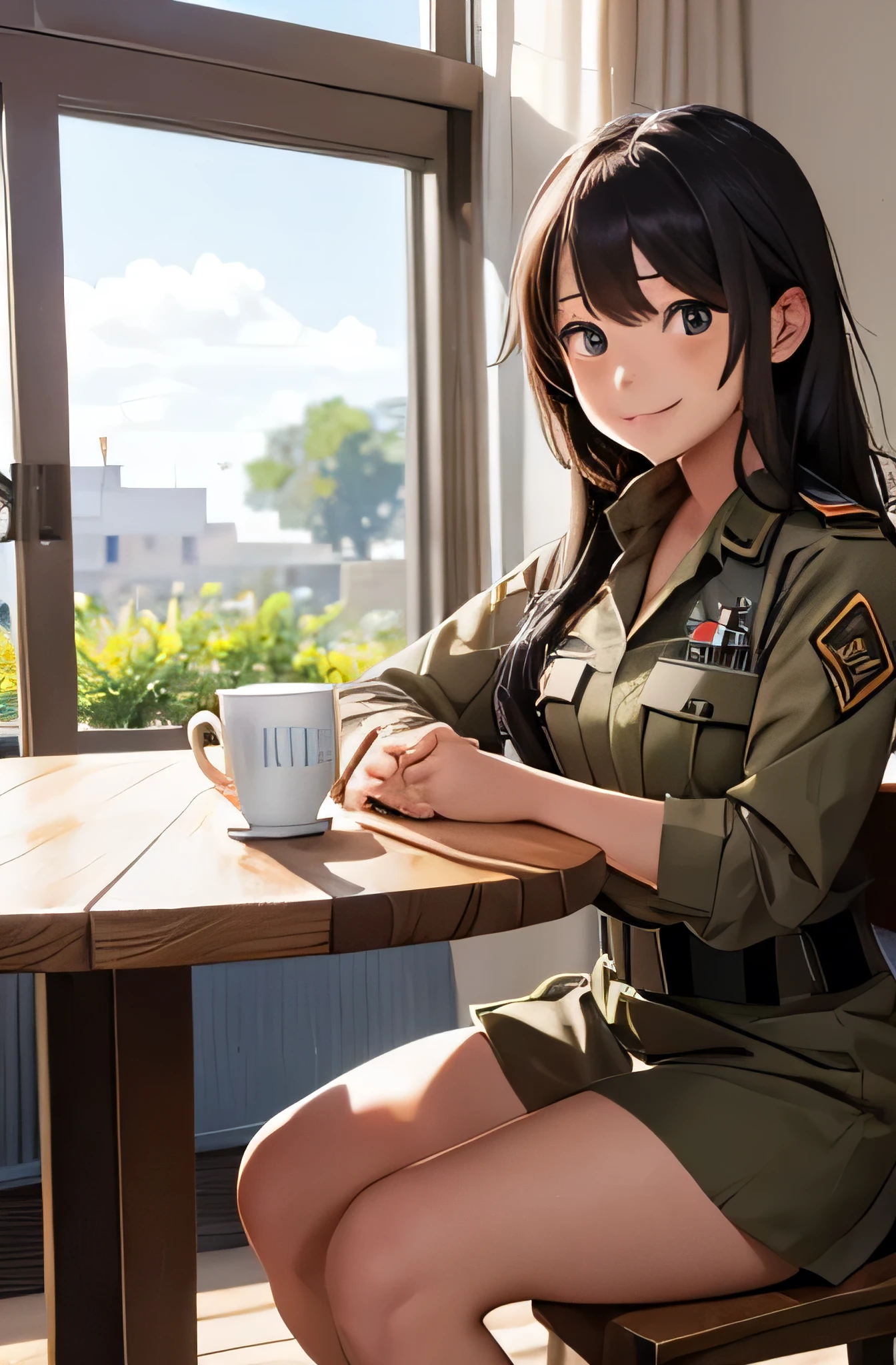 Girl in combat uniform,summer,,smile,Round table,Sit down,Drink coffee,8K, Highest quality, masterpiece