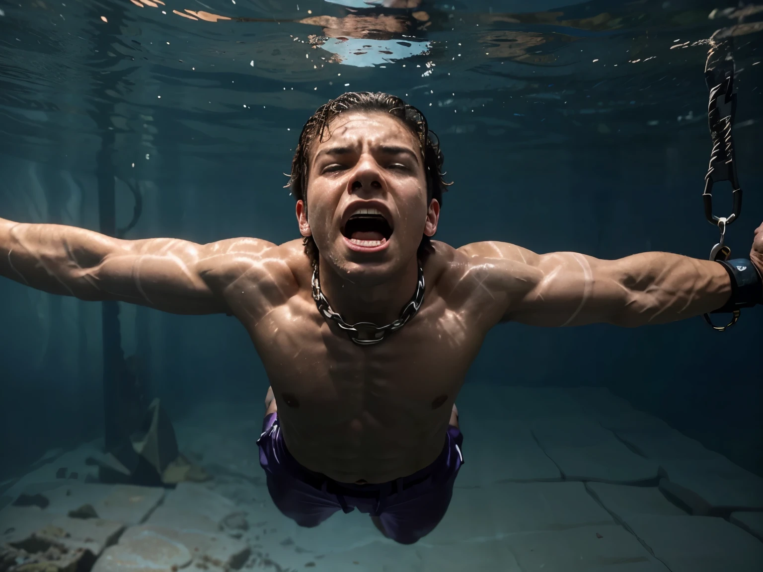 A muscular teenage boy in satin pants, wrapped in heavy chains, screams while sinking underwater