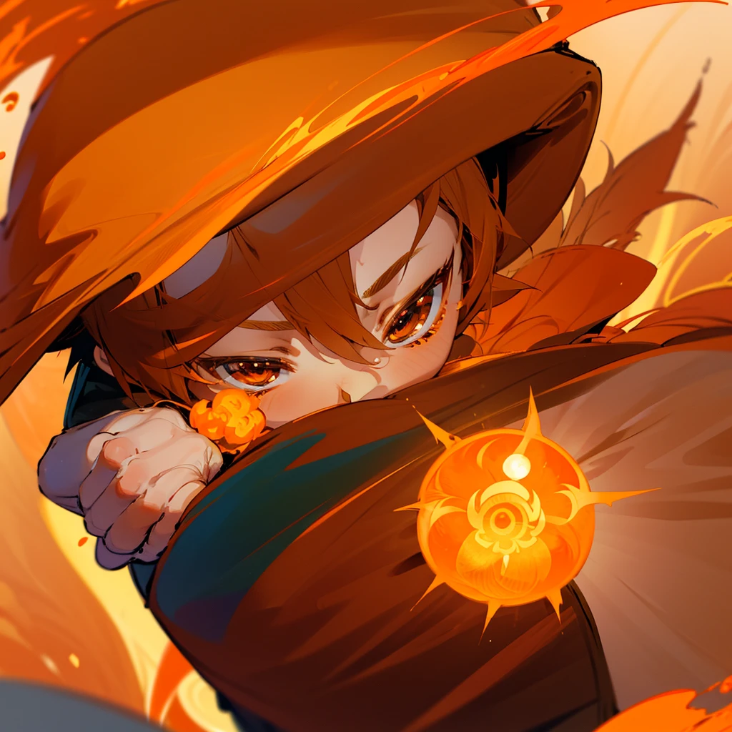 Create a 10 year old boy named Sun who has an orange wizard hat an orange cloak a very cute smile a very cute young face and a sun god staff who has the power to completely dominate fire and has an orange greavat and showing fingers crossed while having a blast behind