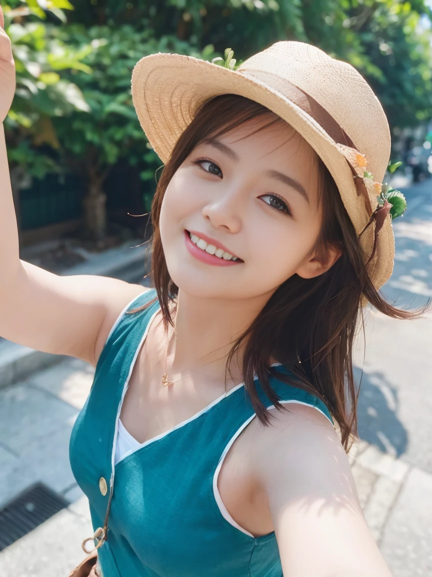 (Upper body selfie:1.3)、Summer Street Corner、With blue skies and lush greenery in the background、Sunshine shining、Remove the beam from above、In natural light、Generate images of beautiful women from around the world、Especially while reflecting elements of Western beauty。A woman with a natural smile and attractive facial expression、Clear skin、Shining Eyes、Expressing a lively atmosphere。alone、Summer Linen Shirt、sunglasses、Casual Hats、No gloves、sneakers、Quiet summer days、(8K quality、Tabletop、Highest quality、Ultra-high resolution output images)、(Highly detailed RAW photos:1.3)、(Picture Mode Ultra HD)