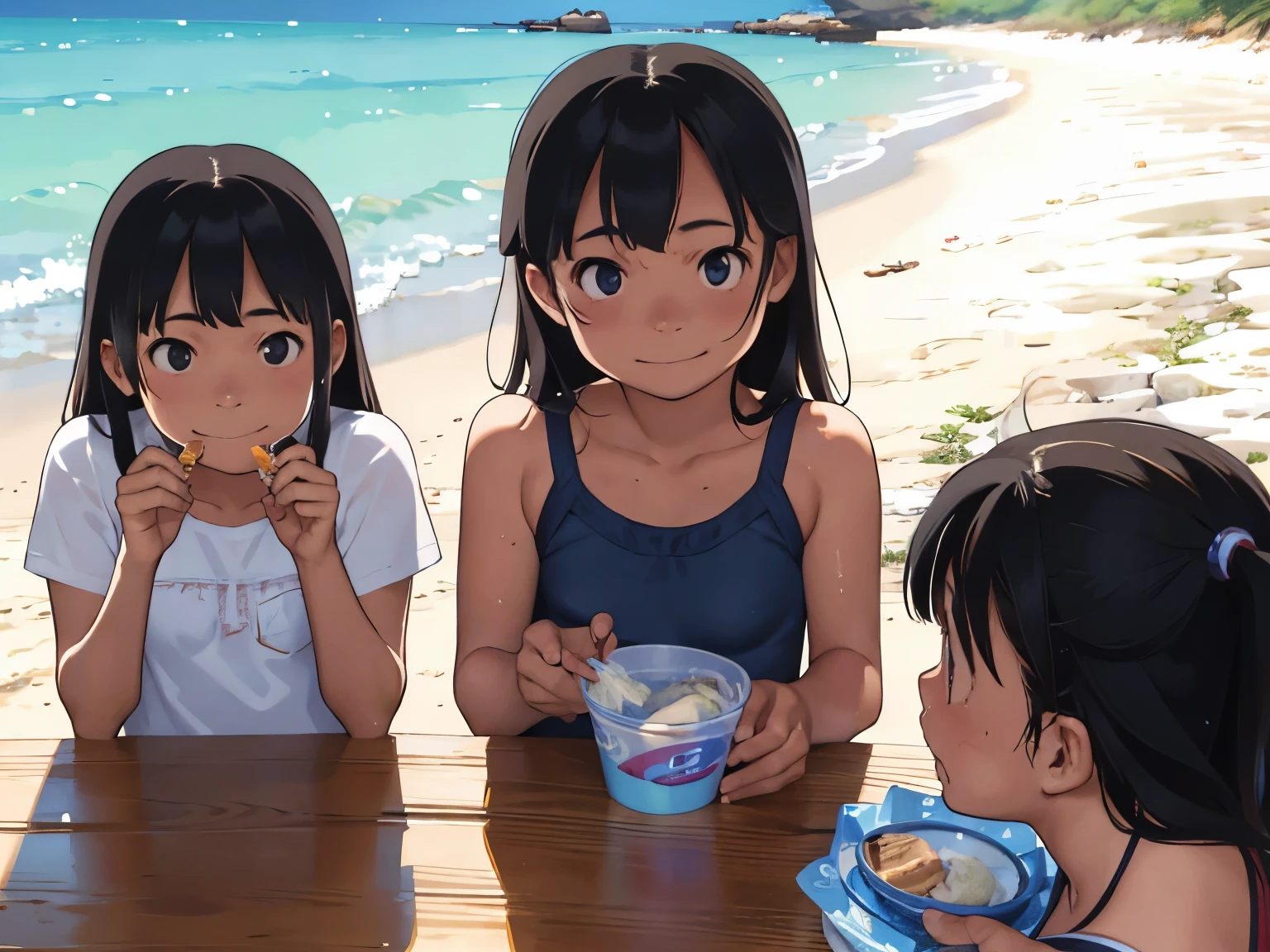 Three Girls、************、Ocean、Sandy Beach、Summer sun、School Swimsuit、thin、Detailed face、Detailed Hair、Transparent muscle、If you look at this、Systemic composition、Shooting from below、Eating ice cream,smile