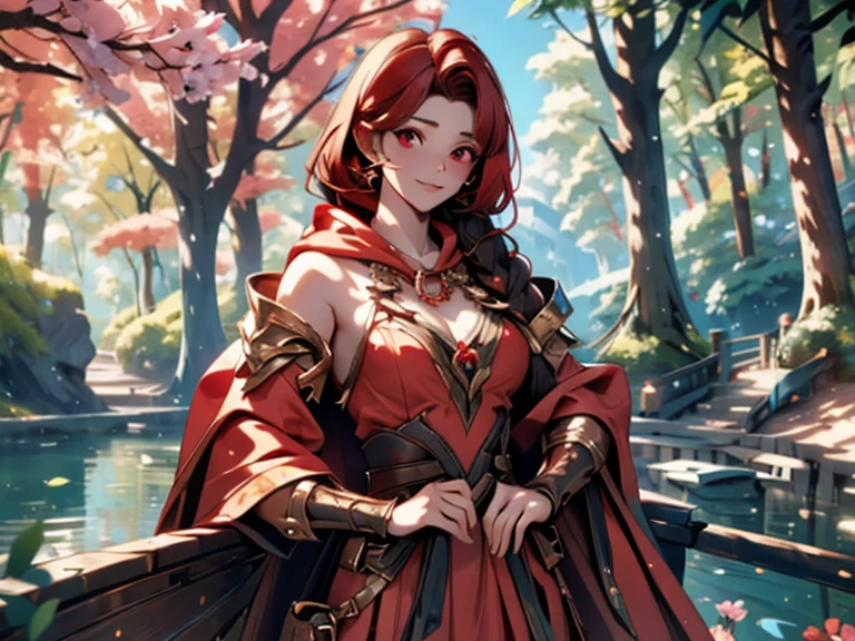 an illustration of a fairy with a beautiful red cape, 1girl, forest, soil, hood, nature, looking at the viewer, red eyes, red hood, colorful hair, hooded cape, tree, short dress, cape, shine, fantasy, Intricate, elegant, highly detailed digital painting.
In the background, a boat on a river. The boat is made of wood and has a dark brown hull. He sails on a calm and narrow river, surrounded by trees and flowers. The trees are tall and leafy, with bright green leaves. The flowers are colorful and varied and are scattered along the banks of the river. In the foreground of the painting we can see the bow of the boat. The boat sails towards the viewer and the water is calm and reflective.