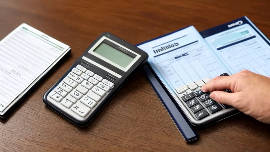 A calculator on a table with an arm on the table checking the numbers (sheet with numbers, and a hand on top, with the finger indicating the number and the other hand on top of the calculator)