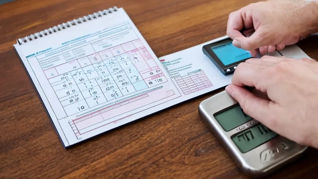 A calculator on a table with an arm on the table checking the numbers (sheet with numbers, and a hand on top, with the finger indicating the number and the other hand on top of the calculator)